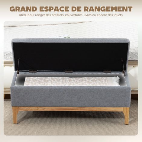 Banc rangement coffre amovible scandinave lin 110x39x45 cm gris (1/5)