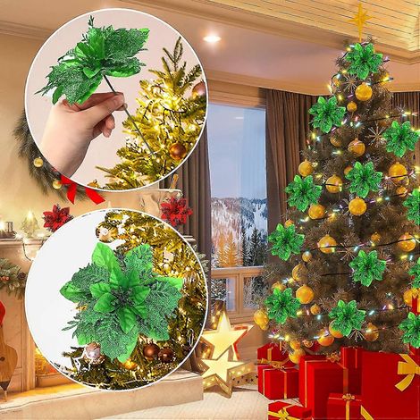 16 künstliche Weihnachtssternblumen in Armeegrün mit Clips und Stielen, glitzernde Weihnachtsblumen, Weihnachtsstern (1/3)