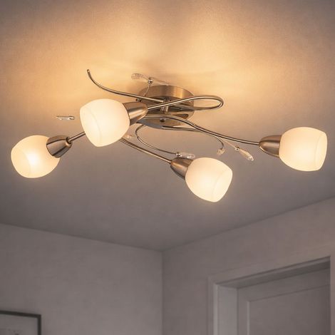 Deckenleuchte Kristalle Spotlampe Glas opal Deckenlampe chrom, nickel-matt, Dekorblätter, 4x LED 3W 250Lm warmweiß, L 70 cm