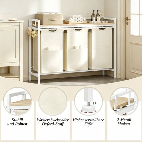 Mueble para ropa sucia 96x30x71 cm madera y metal blanco, 3 cestos extraíbles – MEUBLIV (1/5)