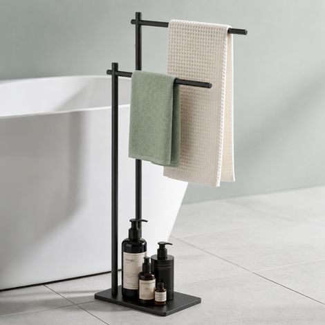 Mai & Mai Porta Asciugamani Bagno da Terra a 2 Bracci in Acciaio inossidabile 304, Portasciugamani con Rivestimento Antiruggine, Nero, Tavrin-07 (1/5)