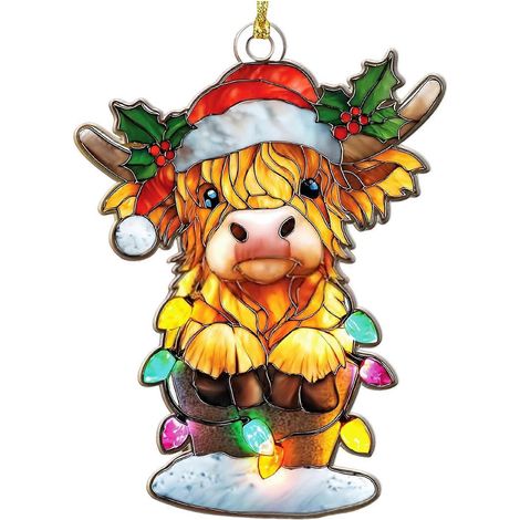 Vache des Highlands Stained verre décoration, acrylique fenêtre suspendu pour style maison de campagne décoration de sapin,1pc (1/5)