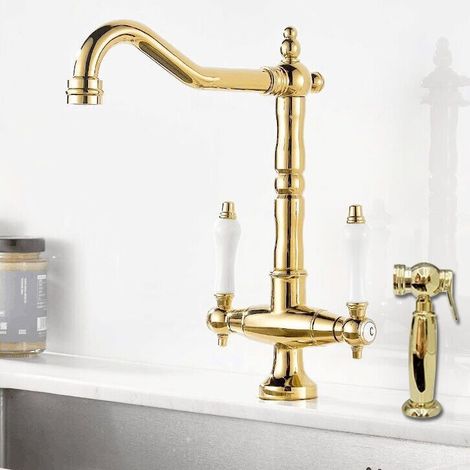 Retro-Küchenarmatur aus massivem Messing, klassischer europäischer Zweigriff-Mischer mit ausziehbarer Brause, goldene Armatur für Spüle und Waschbecken-lsw
