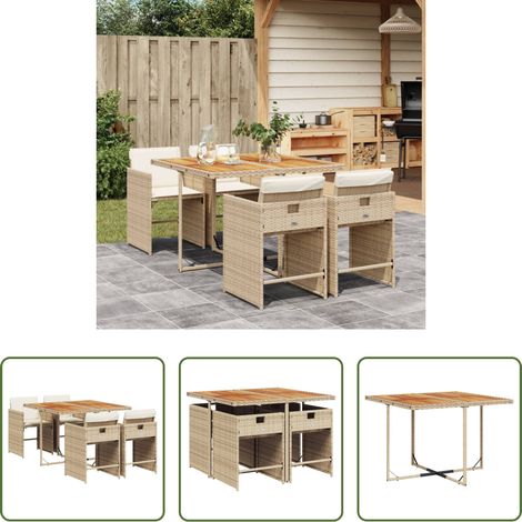 vidaXL Gartenstuhl - 5-tlg. Garten-Essgruppe mit Kissen Beige Poly Rattan (1/5)