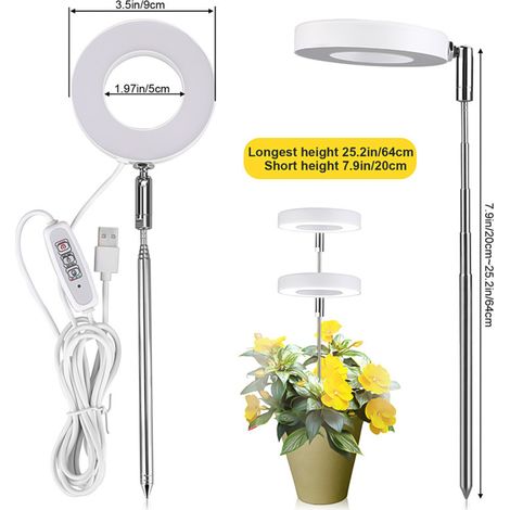 Lampe LED circulaire miniature à intensité variable (2/4/8 h) pour plantes d'intérieur, idéale pour la croissance des plantes. (1/5)