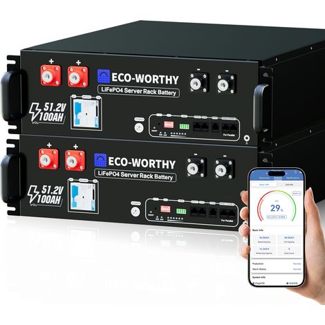 ECO-WORTHY LiFePO4 48V 100Ah Bluetooth 5,12KWh Lithium batterie mit 100A BMS, Server Rack Solarbatterie für Solaranlage Komplettset,Photovoltaikanlage,Wohnmobil(2 pc)