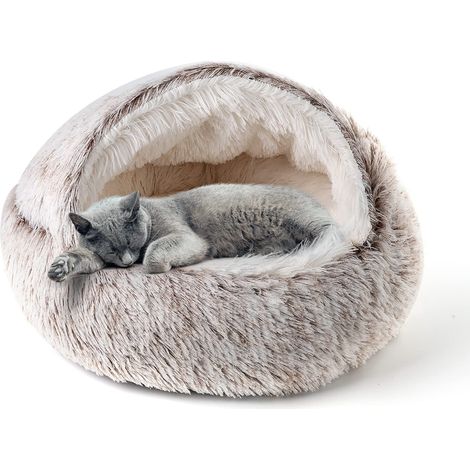 Lit pour Chat, Maison de lit de Chat de Beignet en Peluche à Capuchon, Coussin Chat Doux et Confortable Curry (50X50cm) (1/5)