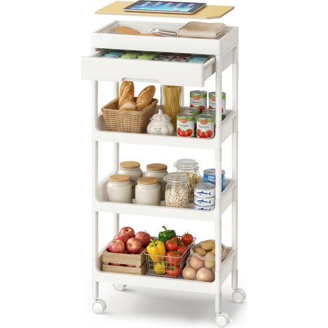 Chariot de Rangement, 4 Niveaux, Desserte sur roulettes, Étagère, avec Plateau Amovible et Tiroir, en Plastique, Montage Facile, Cuisine, Blanc et Doré Chêne BSC070W101 (1/5)