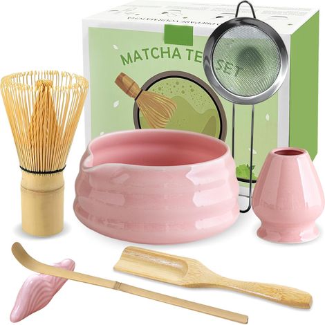 5-teiliges Matcha-Set – Bambusbesen, Matcha-Schale mit Tülle, Geschenkidee für die Matcha-Zeremonie – Rosa