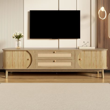 Mobile porta TV, credenza bassa con ante in legno e cassetti in rattan, MDF, legno naturale, 170x46x39,5 cm (1/5)