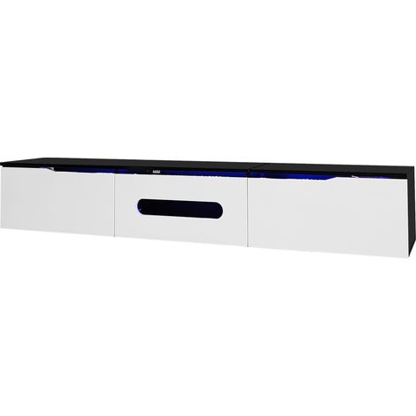 Meuble TV noir et blanc 180 cm avec éclairage LED 16 couleurs, finition brillante, montage mural ou au sol (1/5)