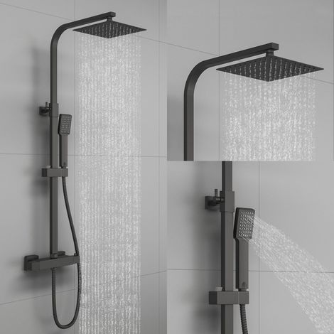 AICA Bathroom Thermostatic Exposed Shower Mixer Valve Twin Head Square Set Black (1/5)