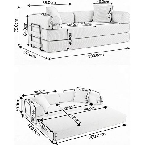 Divano letto convertibile 200x90x75 cm in tessuto a coste bianco, senza montaggio (1/5)