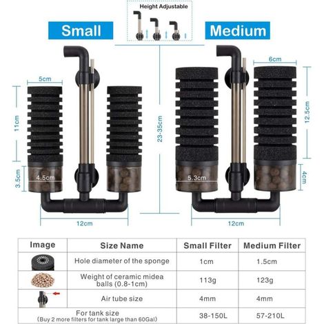 Filtro per acquario 57L-208L, doppia spugna filtrante interna sommersa con 2 spugne di ricambio + 1 sacchetto di sfere in ceramica (M) (1/4)