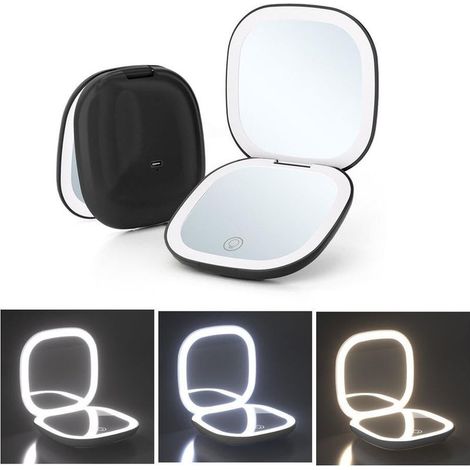 Miroir de maquillage lumineux grossissant x10, à intensité variable, double face, portable, noir (1/5)