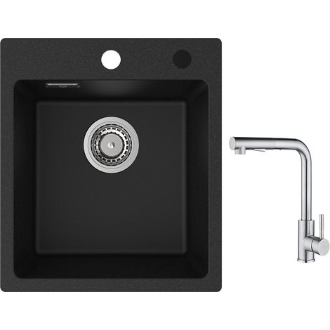 Cecipa Evier Quartz Noir 40x45cm Evier de Cuisine en Granit Evier à Encastrer 1 Vasque + Mitigeur Cuisine avec Douchette Extractible - 2 Jets aux Choix - Brossé (1/5)