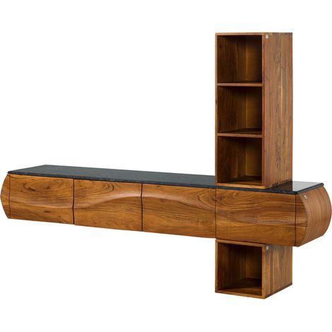 Parete attrezzata in legno di acacia 204x40x145 laccato naturale / marmo nero MONTREAL (1/3)