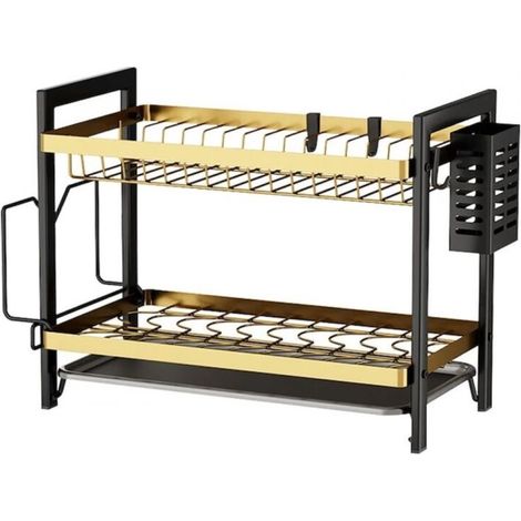 Support à casseroles à 2 niveaux noir et or - JINFGERNE - range-vaisselle antidérapant pour plan de travail, gain de place et séchage rapide