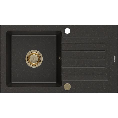 Mexen Pablo évier en granit à 1 cuve avec égouttoir 752 x 436 mm, Noir/Or métallique, siphon Or - 6510751010-75-G (1/5)