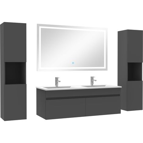 Ensemble meubles Salle de Bain 120cm vasque + colonnex2 + miroir lumineux Anthracite