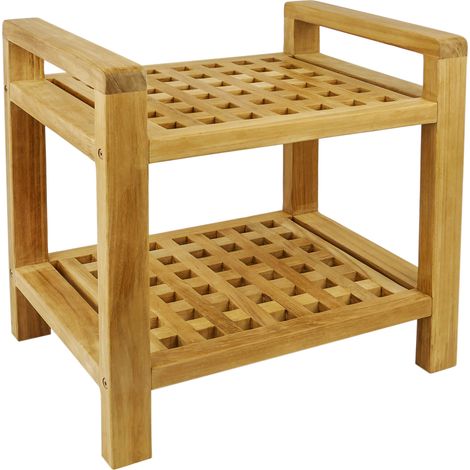 PrimeMatik - Tabouret de salle de bain avec accoudoirs et étagère 50 x 50 x 33 cm bois de teck certifié (1/5)