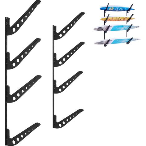Support horizontal pour planche de surf à 4 niveaux, support mural pour rangement et exposition, affichage métallique réglable en hauteur pour planche à neige, kitesurf, skateboard, skis (1/5)