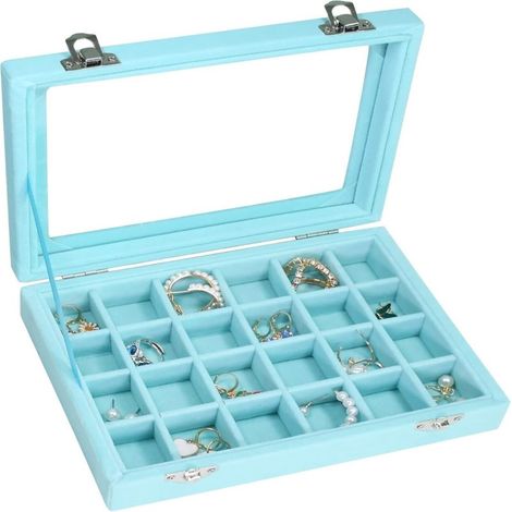 Joyero de terciopelo azul cielo, compartimento para 24 anillos y pendientes, bandeja de presentación.