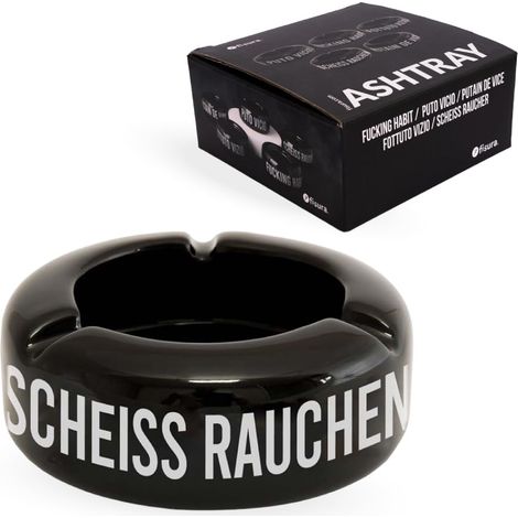 Cendrier de table en céramique couleur noir. Cendrier avec phrase "Scheiss Rauchen". Cendrier design. Dimensions : 10 x 10 x 4 centimètres. (1/5)