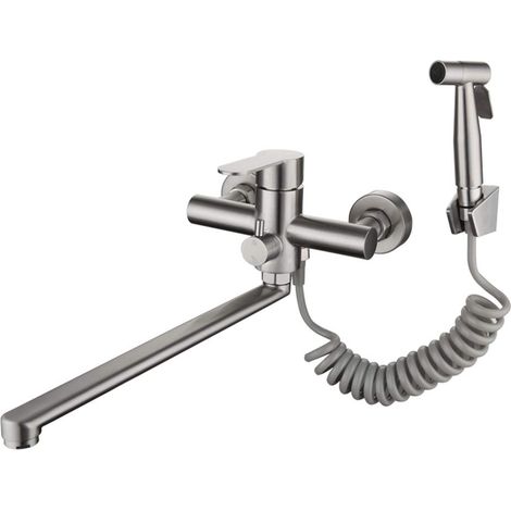 Robinet de cuisine montage mural avec pistolet et 2 types de jet d'eau évier Mitigeur Pivotant à 360° Robinetterie, acier inoxydable brossé (1/5)