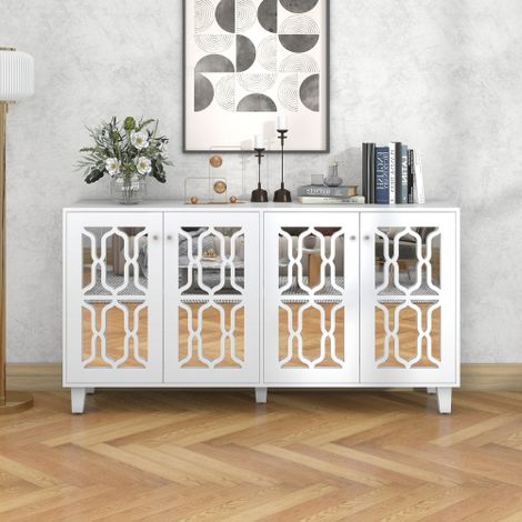 Credenza bianca a specchio con maniglie Crista, quattro ante, con piano in laminato mobile, per soggiorno e sala da pranzo, 160 x 40 x 84 cm