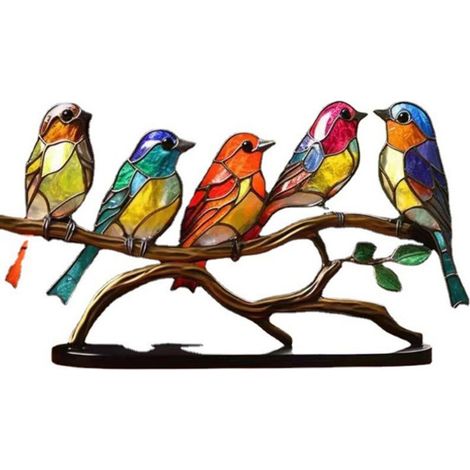 Perchoir à oiseau en vitrail sur une branche, ornement de bureau, perchoir à oiseau en métal plat et réaliste. (1/5)