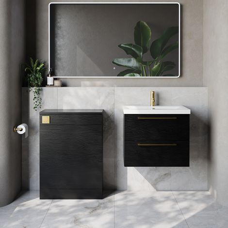 Napoli 390 Cento Nero Oak 1200mm Wall Mounted 2 Drawer Vanity Unit and Toilet Suite with Glide Basin - 1200mm - Brushed Brass 320mm HandleWithout Kingston Toilet Pan