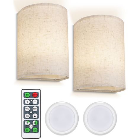 Applique murale, ensemble de 2 appliques murales alimentées par batterie avec télécommande à abat-jour en tissu, luminaire mural à intensité variable (1/5)