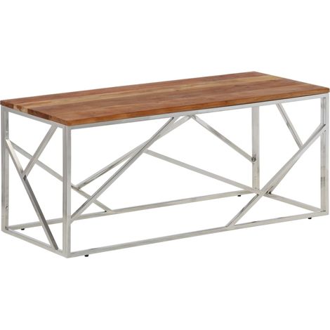 Table basse Table de salon Table de café argenté acier inoxydable et bois massif d'acacia (1/5)