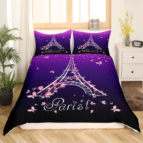 Parure de lit pour enfant motif tour Eiffel violet dégradé rose imprimé papillon housse de couette motif romantique bleu et violet ciel étoilé 135 x 200 cm (1/5)
