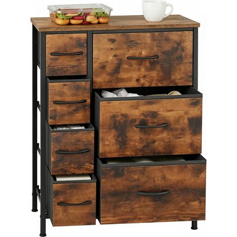 Commode de rangement vintage à 7 tiroirs en tissu, meuble de rangement compact brun rustique et noir avec structure métal et anti-basculement  CHICFURN (1/5)