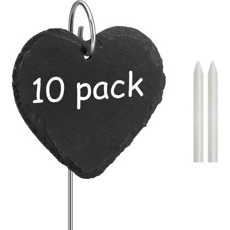 Lot de 10 plaques en ardoise pour plantes, résistantes aux intempéries, réutilisables, avec tige en métal en forme de cœur (1/5)