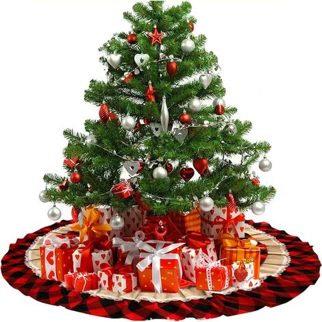 Tapis de sapin de Noël à volants, style rustique, pour les fêtes de Noël en intérieur et en extérieur (rouge et noir) (1/5)