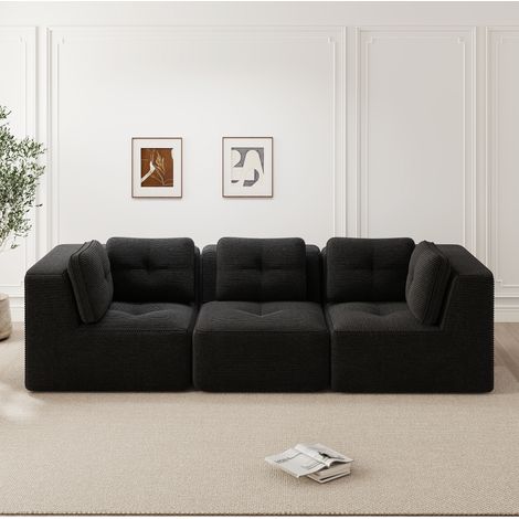 Canapé d'angle modulaire 3 places en tissu côtelé noir 297 x 104 x 69 cm, sans montage OKMYHOME (1/5)