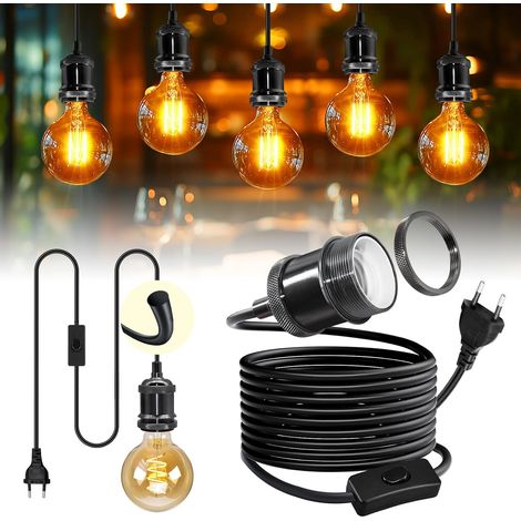 Industrial Brass Pendant Light with 5.1 m Cord, Black Round Cable Hanging Lamp, Vintage Ceiling Light with Switch, E27 Pearlescent Copper Bulb Holder, Chandelier for Living Room (1/5)