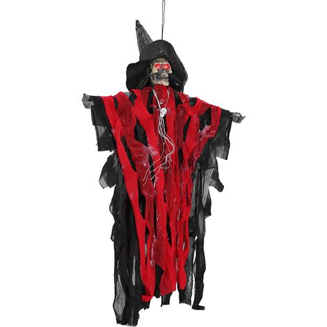 Décoration d'Halloween pour maison hantée : sorcière électrique suspendue en tissu rouge, fantôme.