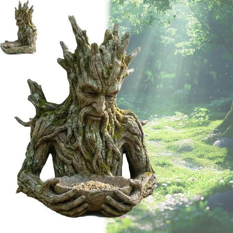 Mangeoire à oiseaux en résine représentant un arbre. sculpture décorative pour jardin ou terrasse. Nichoir suspendu en résine pour patio ou cour.