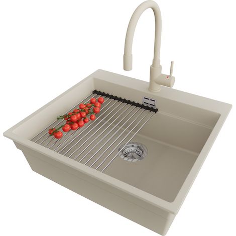 PRIMAGRAN Evier Cuisine en Granit 58x53cm, Lavabo 1 bac + Robinet 38x14cm + Kit de Vidage + Accessoire, Évier à Encastrer au meuble 60cm - Oslo Max, Beige (1/5)