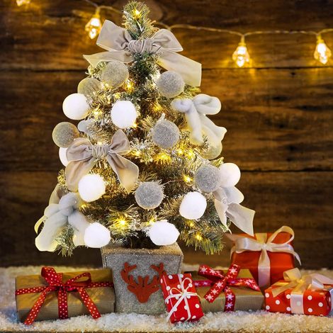 Sapin Artificiel de Noël, 60 cm Table à Manger Neige Tombant Arbre de Noël avec Boules de Noël, nœuds et 50 lumières LED Convient pour Les fêtes de Noël Maison à l’intérieur et à l’extérieur - Gris (1/5)