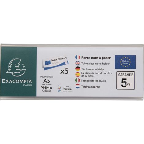 1 Lot de 5 porte-noms (A5 plié) horizontal Office - Dimensions 210 x 75 mm - PMMA (acrylique) table, affichage, réception, bureau, magasin, restaurants - Couleur Cristal (1/5)