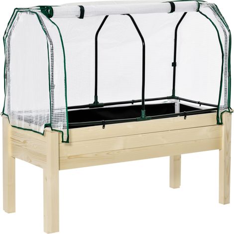 Potager surélevé, bâche enroulable, cadre en bois naturel, doublure en tissu, trous de drainage, 121 x 55 x 117 cm