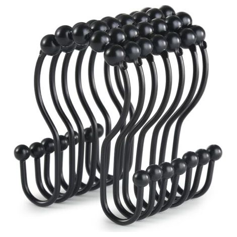 Duschvorhanghaken, 12 Duschvorhangringe, schwarze Edelstahl-Duschvorhanghaken, rostfreie Duschvorhangringe, doppelt verschiebbare und sturzsichere Duschvorhangringe (schwarz) (1/5)