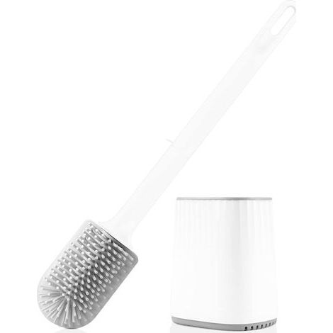 Brosse WC en silicone 3 en 1 Tête souple 6,5 cm Support à séchage rapide Fixation murale avec autocollants (1/5)
