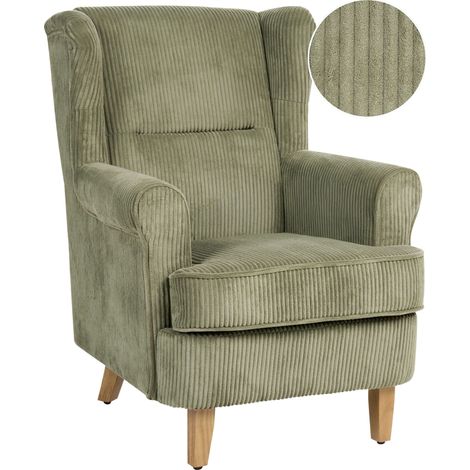 Poltrona classica con schienale alto Rivestita in velluto a coste Gambe in legno Verde Abson (1/5)
