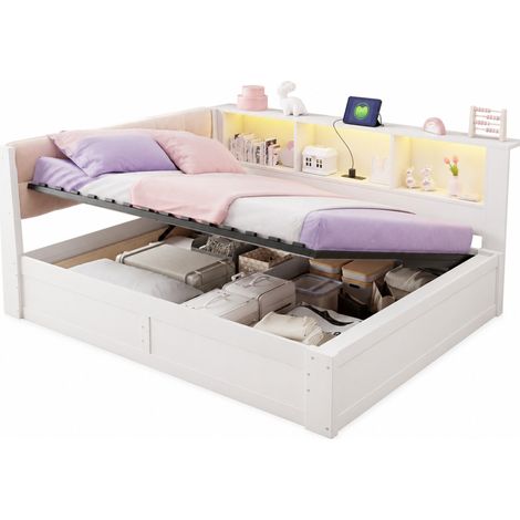 CHICFURN lit 140x200 avec rangement blanc en pin MDF USB LED étagère gain de place sans matelas (1/5)